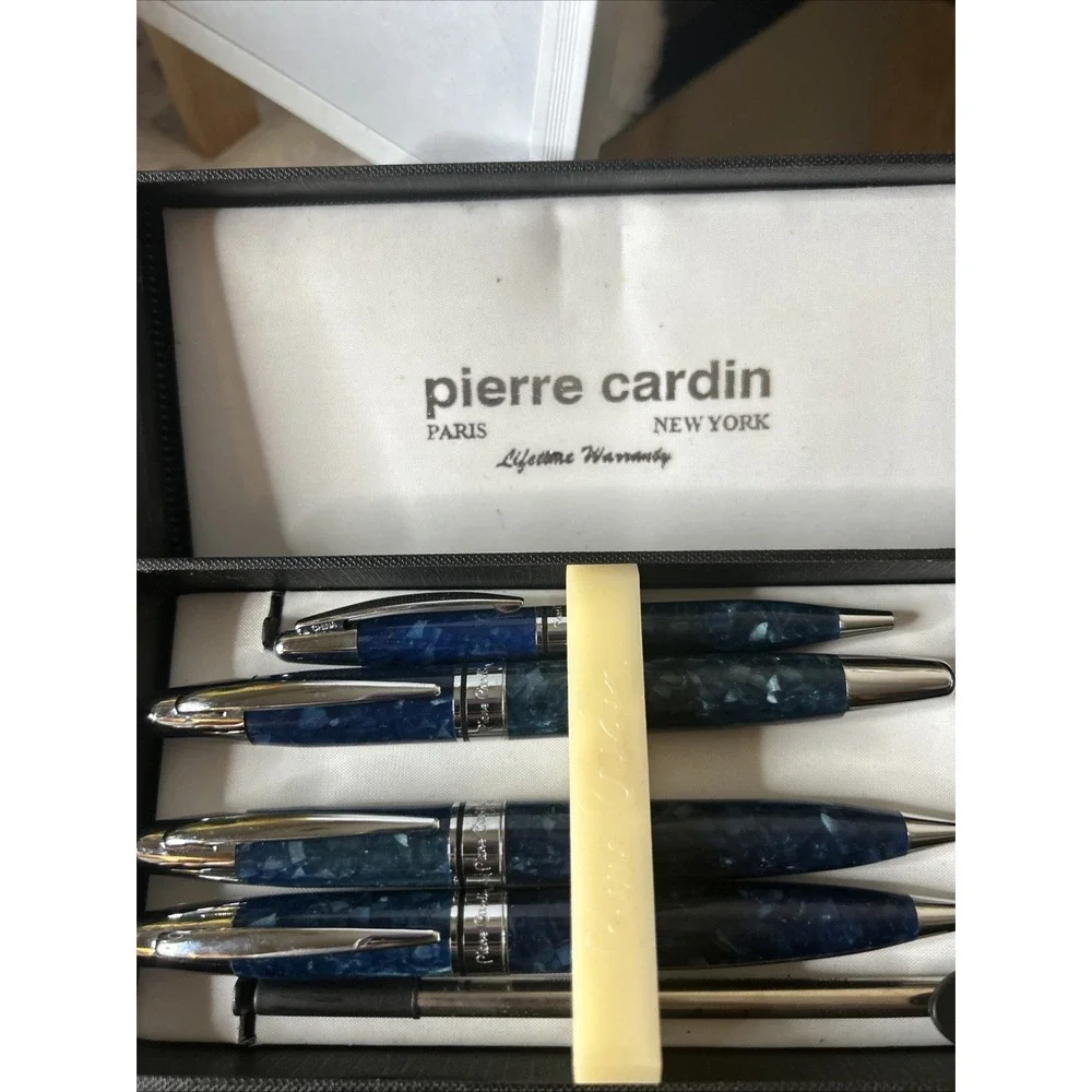 Pierre Cardin 5 Piece Blue Pen Set. Vintage Unused Blue Marble Coloring.